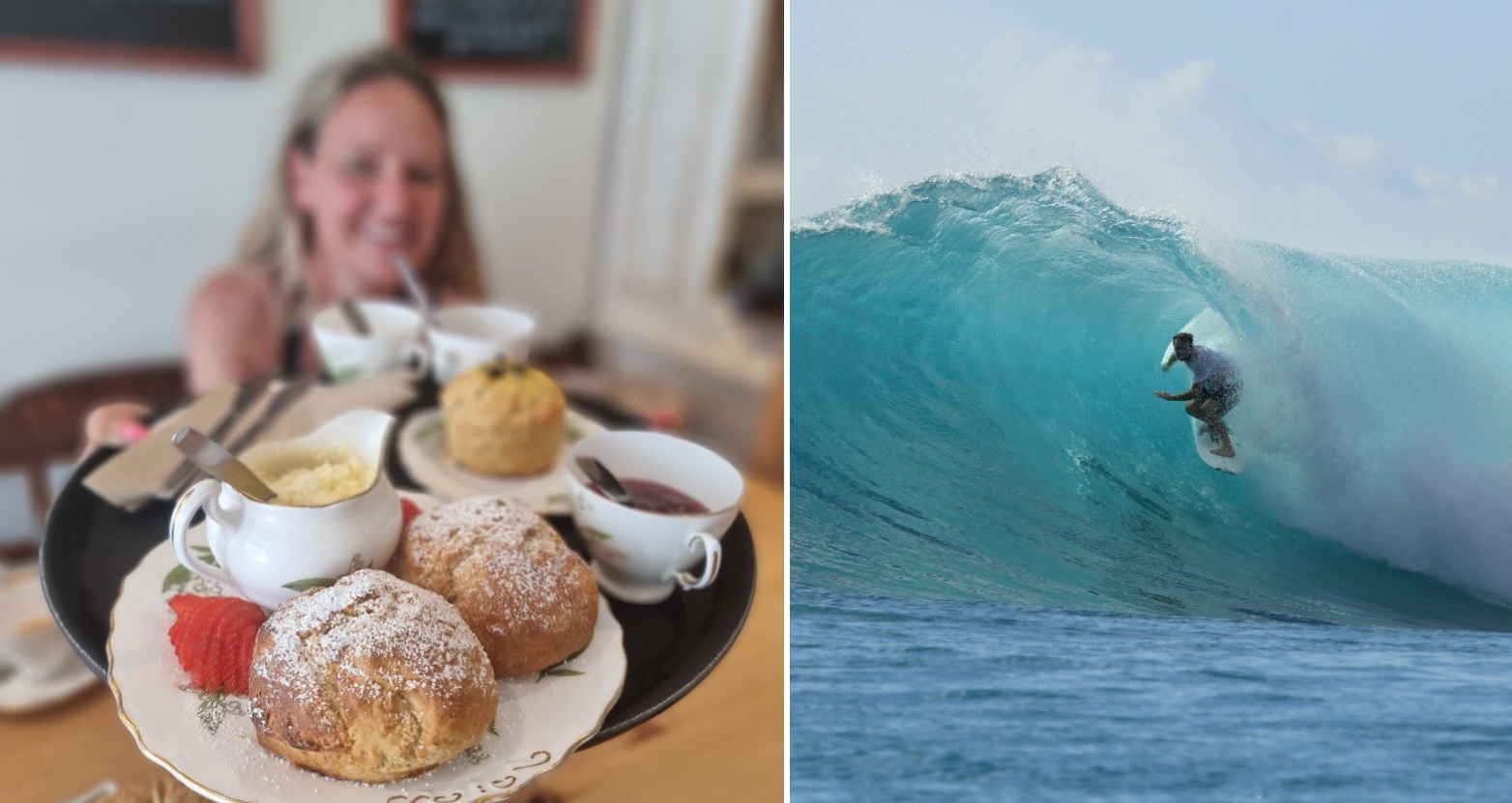 person holding cream tea, and second image a surfer